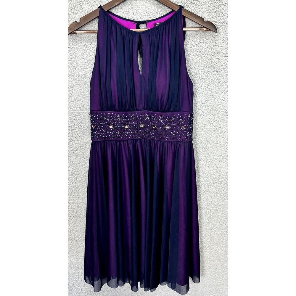 Jessica Howard Babydoll‎ Dress 6P Purple Mesh Overlay Rhinestone Fairy Y2K HOCO